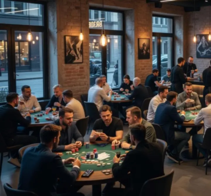 Wnętrze baru OURO GROUP z graczami przy stole pokerowym