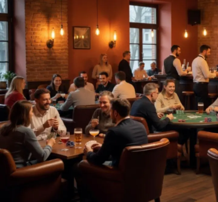 Wnętrze baru OURO GROUP z nastrojowym oświetleniem i stołami pokerowymi.