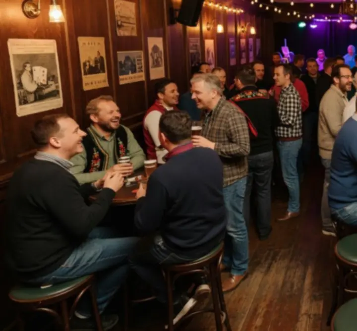 Nowoczesny bar OURO GROUP podczas wieczoru muzycznego z gośćmi przy stolikach.