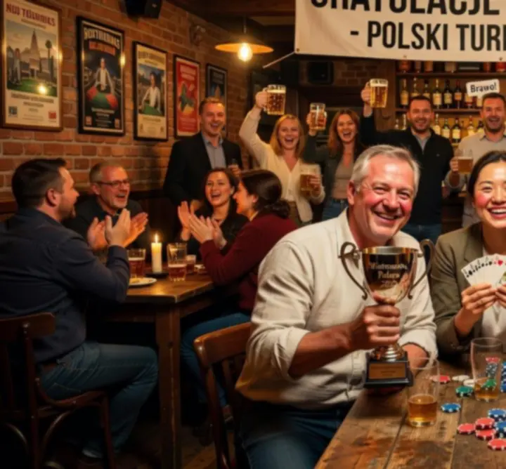 Zwycięzcy turnieju pokerowego w OURO GROUP pozują z trofeami przy barze.